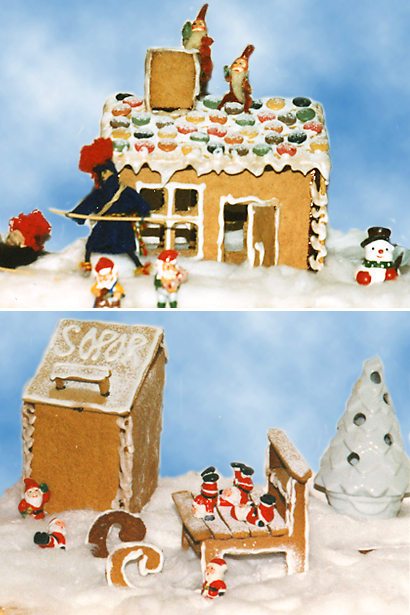 Tvådelad bild med ett litet hus överst, omgivet av en same , en snögubbe och flera tomtar, och en soptunna och en sparkstötting under, omgivna av småtomtar