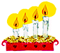 Teckning av röd adventsljusstake med mossa och fyra brinnande ljus i olika storlek