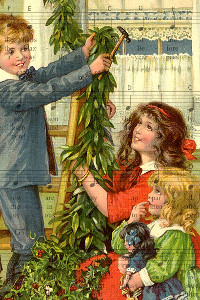 Gammalt bild av tre barn som pyntar inomhus med en grön  julgirlang, och ovanpå dem skymtar noter ur sången