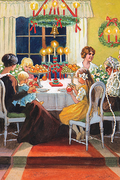 Akvarell, detalj, av Jenny Nyström: en familj sitter vid ett runt bord och äter julmat, på bordet står en ljusstake och fruktfat. Två vuxna kvinnor, en har ett barn i knät, en äldre kvinna och två barn till.