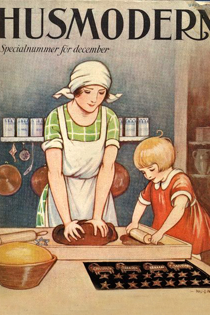 Illustration av litet barn som står och bakar. Framför står ett fat med kakor och ett rivjärn i en skål. I bakgrunden skymtar en julgran
