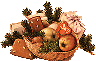 Illustration av korg med äpplen, pepparkakor, paket och granris