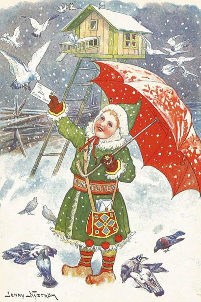 Illustration av Tummeliten som räcker ett brev till en duva som fångar det i näbben. Tummeliten har gröna kläder och ett rött paraply. Det snöar.