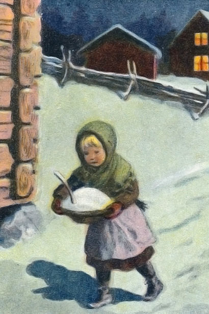 Illustration av liten flicka med varma kläder som går och bär ett fat med gröt- I bakgrunden syns hus och snöigt gärde. I det stora huset lyser det gult i fönstren. Till vänster om flickan skymtar en hörn av en ladugård